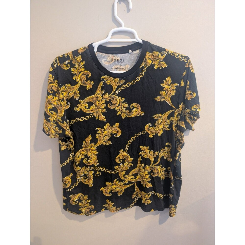 XL Guess Los Angeles T-shirt black Gold baroque All Over print 100% Cotton Relax